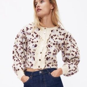 Zara Cream Floral-Print Cardigan with Balloon Sleeves